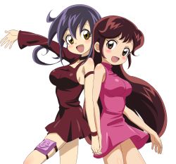 Rule 34 | 2girls, :d, back-to-back, bare shoulders, black hair, blush, breasts, brown eyes, brown hair, choker, dress, duel masters, hair between eyes, holding hands, long hair, long sleeves, looking at viewer, manaka sayuki, medium breasts, multiple girls, no bra, open mouth, outstretched arm, pink dress, pouch, purple dress, short dress, sideboob, simple background, sincos, single sleeve, sleeveless, sleeveless dress, smile, tasogare mimi, thigh pouch, very long hair, white background, yellow eyes