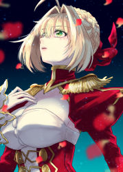 Rule 34 | 1girl, ahoge, blonde hair, braid, braided bun, breasts, cleavage, fate/extra, fate (series), green eyes, hair between eyes, hair bun, hair intakes, highres, large breasts, long sleeves, looking up, nero claudius (fate), nero claudius (fate) (all), nero claudius (fate/extra), open mouth, red sleeves, ro96cu, short hair, shrug (clothing), solo, strapless, upper body