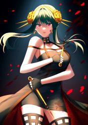 Rule 34 | 1girl, absurdres, bare shoulders, black dress, black gloves, black hair, blood, blood on clothes, breasts, cleavage, closed mouth, commentary request, dress, fingerless gloves, flower, gloves, hair flower, hair intakes, hair ornament, hairband, highres, holding, long hair, looking at viewer, mamel 27, medium breasts, petals, red eyes, rose, solo, spy x family, v-shaped eyebrows, yellow flower, yellow hairband, yellow rose, yor briar