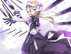 Rule 34 | 1girl, akatoro (nightlord), bandages, bandage on face, bandage over one eye, black gloves, black skirt, blonde hair, brown eyes, closed mouth, flower, from side, gloves, hair flower, hair ornament, light smile, long hair, looking away, magical girl, nogi sonoko, outstretched arm, pleated skirt, puffy short sleeves, puffy sleeves, purple flower, purple rose, rose, short sleeves, skirt, solo, standing, washio sumi wa yuusha de aru, weapon, yuusha de aru
