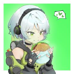 1girl :t anby_demara bare_shoulders black_choker black_gloves border braid burger choker commentary english_commentary fingerless_gloves food gloves green_background green_eyes headphones heart highres holding holding_burger holding_food long_sleeves outside_border short_hair smile solo spoken_heart upper_body uri_matsuura white_border white_hair zenless_zone_zero