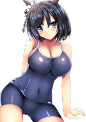 Rule 34 | 1girl, animal ears, arm behind back, bare shoulders, black hair, blue eyes, blue one-piece swimsuit, bob cut, breasts, cleavage, closed mouth, ear scrunchie, eishin flash (umamusume), hair between eyes, horse ears, large breasts, looking at viewer, navel, one-piece swimsuit, ryokushiki (midori-ya), scrunchie, short hair, simple background, smile, solo, swimsuit, thighs, umamusume, white background, white scrunchie
