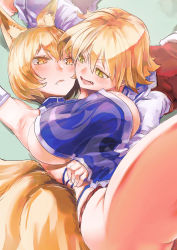 Rule 34 | 2girls, age difference, animal ears, arm under breasts, breasts, child, fang, fox ears, fox tail, fundoshi, hand under clothes, highres, japanese clothes, large breasts, looking at another, multiple girls, multiple tails, no bra, no pants, onee-loli, pregnancy, short hair, slit pupils, tail, toramaru shou, touhou, yakumo ran, yellow eyes, yohane, yuri