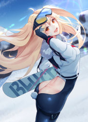 Rule 34 | 1girl, :d, ahoge, arched back, ass, ass cutout, azur lane, back, blonde hair, blue sky, bluecher (azur lane), bluecher (high-altitude head over heels) (azur lane), blurry, blurry background, bodysuit, butt crack, clothing cutout, cloud, cropped jacket, day, fang, floating hair, from side, fur-trimmed jacket, fur trim, gloves, highres, holding, jacket, kojo (0124), lens flare, long hair, looking at viewer, looking to the side, open mouth, orange eyes, outdoors, rabbit tail, revealing clothes, sky, smile, snow, snowboard, solo, tail, thigh strap, tight clothes, two side up, very long hair, white jacket