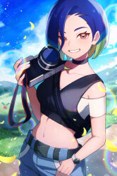 Rule 34 | 1girl, belt, belt buckle, black belt, black choker, black vest, blue hair, blue pants, brown eyes, buckle, camera, choker, cloud, collarbone, commentary request, creatures (company), crop top, day, eyelashes, falling petals, game freak, grey sports bra, grin, hachimitsu monte, hand up, holding, holding camera, midriff, multicolored hair, navel, nintendo, off-shoulder shirt, off shoulder, outdoors, pants, perrin (pokemon), petals, pokemon, pokemon sv, shirt, short hair, sky, smile, solo, sports bra, stomach, teeth, vest, watch, white shirt, wristwatch
