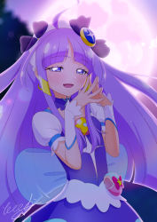 Rule 34 | 1girl, birthday, blush, choker, cure selene, hair ornament, hair ribbon, happy birthday, highres, long hair, looking at viewer, moon, night, open mouth, pink moon, pouch, precure, puffy short sleeves, puffy sleeves, purple choker, purple hair, purple ribbon, ribbon, short sleeves, signature, smile, solo, star twinkle precure, tiler (tiler00), upper body