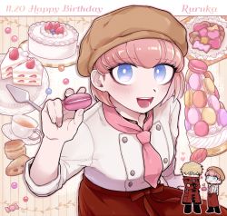 Rule 34 | :d, alternate costume, ando ruruka, apron, bad id, bad pixiv id, blonde hair, blue eyes, blush, brown headwear, buttons, cake, cake slice, candy, character name, chef, cloak, commentary request, cookie, crossed arms, cupcake, danganronpa (series), danganronpa 3 (anime), double-breasted, food, fruit, happy birthday, heart, holding, izayoi sounosuke, looking at viewer, multiple views, open mouth, parfait, pink hair, pink neckwear, red apron, red cloak, shimada (dmisx), short hair, smile, solo focus, strawberry, strawberry shortcake, tea