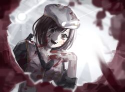 Rule 34 | 1girl, black shirt, blood, blood on clothes, blood on face, brown eyes, brown hair, hat, highres, light, limbus company, looking at viewer, open mouth, project moon, project sekai, rahthelathe, shinonome ena, shirt, short hair, solo