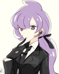 Rule 34 | 1girl, anabel (pokemon), black gloves, black jacket, black necktie, black ribbon, breasts, creatures (company), earpiece, finger to mouth, formal, game freak, gloves, hair ribbon, hand up, jacket, kanade (unchi knd280), long hair, long sleeves, looking at viewer, matching hair/eyes, necktie, nintendo, pokemon, pokemon oras, ponytail, purple eyes, purple hair, ribbon, shirt, signature, simple background, small breasts, solo, suit, text focus, upper body, white background, white shirt