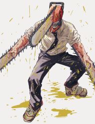 Rule 34 | 1boy, black necktie, black pants, blood, buttons, chainsaw, chainsaw man, collared shirt, denji (chainsaw man), highres, male focus, necktie, pants, sharp teeth, shirt, shoes, simple background, sleeves rolled up, sneakers, solo, sukesukeburger, teeth, white background, white shirt, yellow blood