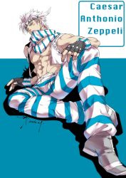 Rule 34 | 1boy, abs, bare pectorals, battle tendency, biting, biting clothes, blue eyes, caesar anthonio zeppeli, character name, facial mark, feather hair ornament, feathers, fingerless gloves, gloves, hair ornament, headband, highres, jojo no kimyou na bouken, male focus, muscular, muscular male, official alternate costume, pants, pectorals, sashiyu, scarf, signature, solo, striped clothes, striped pants, striped scarf, vest, white hair