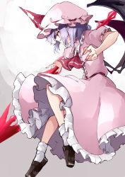 Rule 34 | 1girl, ascot, bat wings, deetamu, dress, fingernails, flying, frilled shirt, frilled shirt collar, frilled sleeves, frills, hat, hat ribbon, highres, light purple hair, looking down, looking to the side, mary janes, mob cap, nail polish, pink dress, pointy ears, puffy short sleeves, puffy sleeves, purple hair, red eyes, red nails, red ribbon, remilia scarlet, ribbon, ribbon trim, sash, sharp fingernails, shirt, shoes, short hair, short sleeves, sidelocks, simple background, socks, solo, spear the gungnir, touhou, vampire, white background, white socks, wings
