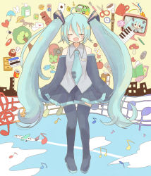Rule 34 | 1girl, :d, ace (playing card), ace of spades, aircraft, airplane, analog clock, apple, aqua hair, aqua necktie, backpack, bag, black skirt, black sleeves, book, boots, buttons, cabinet, camera, can, character name, city, clock, closed eyes, cloud, clover, coin, confetti, contrail, daruma doll, detached sleeves, door, facing viewer, fish, flower, food, fork, fruit, full body, grey vest, hatsune miku, headset, heart stickers, high heels, highres, horse, key, letter, lock, long hair, looking at viewer, manmi, monitor, mushroom, necktie, open book, open mouth, party popper, pencil, piano keys, playing card, pleated skirt, randoseru, red bag, red flower, saturn (planet), scissors, sheet music, skirt, smile, solo, spade (shape), standing, star (symbol), sticker, streamers, thigh boots, thighhighs, traffic light, tree, umbrella, very long hair, vest, vocaloid, white flower