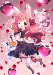 Rule 34 | &gt; &lt;, 1girl, ;d, animal ears, apple, apple pie, apron, black bow, black skirt, blue hat, blue vest, blush, boots, bow, brown footwear, capelet, center frills, chitosezaka suzu, closed eyes, commentary request, cross-laced footwear, cup, dress, food, frilled apron, frilled capelet, frilled thighhighs, frills, fruit, hair bow, hat, holding, holding cup, holding plate, knee boots, lace-up boots, long hair, looking at viewer, maid, maid headdress, mini hat, mini top hat, one eye closed, open mouth, original, petals, pie, pie slice, pink hair, plate, pleated dress, puffy short sleeves, puffy sleeves, rabbit ears, red apple, red bow, red capelet, red dress, red eyes, shirt, short sleeves, skirt, smile, solo, striped clothes, striped skirt, stuffed animal, stuffed rabbit, stuffed toy, tea, teacup, thighhighs, top hat, transparent, vertical-striped clothes, vertical-striped skirt, very long hair, vest, waist apron, white apron, white shirt, white thighhighs
