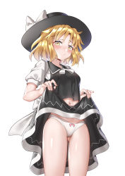 Rule 34 | absurdres, ailu elf, black headwear, black vest, blush, bow, bow panties, breasts, cameltoe, cleft of venus, closed mouth, clothes lift, collared vest, commentary request, cowboy shot, fedora, gluteal fold, hat, hat bow, highres, legs, lifted by self, midriff, navel, panties, pink bow, puffy short sleeves, puffy sleeves, ribbon, shirt, short sleeves, simple background, skirt, skirt lift, small breasts, smile, stomach, thighs, touhou, touhou (pc-98), underwear, vest, white background, white panties, white ribbon, white shirt, yellow eyes, yuki (touhou)
