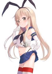 Rule 34 | 1girl, anchor hair ornament, black neckerchief, black panties, blonde hair, blue sailor collar, blue skirt, blush, brown eyes, clothes lift, commentary request, cowboy shot, dx (dekusu), elbow gloves, gloves, hair ornament, hairband, highleg, highleg panties, highres, kantai collection, lifted by self, long hair, miniskirt, navel, neckerchief, panties, pointing, pointing at self, sailor collar, school uniform, serafuku, shimakaze (kancolle), simple background, skirt, skirt lift, smile, solo, striped clothes, striped thighhighs, thighhighs, underwear, white background, white gloves
