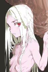 Rule 34 | 1girl, blonde hair, breasts, curtains, eyes visible through hair, grey background, haimura kiyotaka, hair over breasts, hand up, long hair, looking at viewer, nude, original, parted lips, red eyes, ribs, simple background, small breasts, solo, upper body