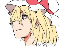 Rule 34 | 1girl, blonde hair, flandre scarlet, from side, frown, hat, looking up, miyo (ranthath), mob cap, portrait, profile, red eyes, simple background, solo, touhou, white hat