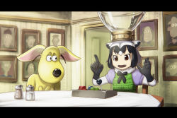 Rule 34 | 10s, 1girl, animal ears, black hair, brown hair, chromatic aberration, commentary request, common raccoon (kemono friends), controller, fang, fennec (kemono friends), fox ears, framed, fusion, grey hair, gromit, kemono friends, letterboxed, multicolored hair, open mouth, parody, pepper shaker, picture frame, raccoon ears, salt shaker, smile, table, ueyama michirou, wallace and gromit