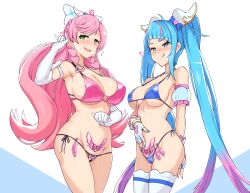 Rule 34 | 2girls, bar censor, bikini, blue bikini, blue eyes, blue hair, bow, breasts, censored, closed mouth, condom, condom belt, crotchless, crotchless swimsuit, cure prism, cure sky, elbow gloves, gloves, gradient hair, green eyes, hair ornament, heart, heart-shaped pupils, highres, hirogaru sky! precure, large breasts, licking lips, long hair, magical girl, multicolored hair, multiple girls, nijigaoka mashiro, open mouth, pink bikini, pink hair, precure, pubic tattoo, pussy, smile, sora harewataru, streaked hair, swimsuit, symbol-shaped pupils, tattoo, tongue, tongue out, twintails, twogie, very long hair, white gloves