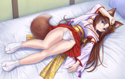Rule 34 | 1girl, animal ear fluff, animal ears, arm up, bare shoulders, bed, bell, blue eyes, blush, brown hair, closed mouth, clothes lift, detached sleeves, fox ears, fox girl, fox tail, full body, fundoshi, groin, hair bell, hair between eyes, hair ornament, highres, indoors, iroha (iroha matsurika), japanese clothes, jingle bell, kimono, long hair, long sleeves, looking at viewer, lying, no shoes, nontraditional miko, obi, on back, on bed, original, parted bangs, pillow, pleated skirt, red skirt, ribbon-trimmed sleeves, ribbon trim, sarashi, sash, skirt, skirt lift, sleeveless, sleeveless kimono, smile, socks, solo, tabi, tail, twitter username, very long hair, white kimono, white sleeves, white socks, wide sleeves