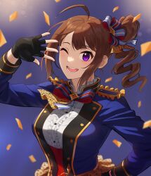 Rule 34 | 1girl, ;d, absurdres, ahoge, backlighting, black gloves, blue jacket, blush, breasts, brown hair, center frills, confetti, fingerless gloves, frills, gloves, hair ribbon, hand on own hip, happy birthday, highres, idolmaster, idolmaster million live!, idolmaster million live! theater days, jacket, kamille (vcx68), looking at viewer, medium breasts, one eye closed, open mouth, ribbon, side ponytail, sidelocks, smile, solo, upper body, wavy hair, yokoyama nao