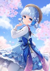 Rule 34 | 1girl, ayaka (genshin impact), blue dress, blue eyes, blue hair, blue sky, blunt bangs, blunt tresses, braid, butterfly hair ornament, cherry blossoms, cloud, commentary, cowboy shot, dress, genshin impact, hair ornament, hand up, highres, kamisato ayaka, kamisato ayaka (springbloom missive), light blue hair, long sleeves, looking at viewer, official alternate costume, official alternate hairstyle, pantyhose, puffy long sleeves, puffy sleeves, sky, solo, stardrop, white pantyhose