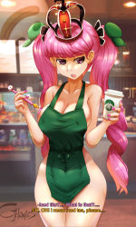 Rule 34 | 1girl, absurdres, apron, bare arms, bare shoulders, blunt bangs, breasts, cjhomics, cleavage, coffee cup, cowboy shot, crown, cup, curvy, disposable cup, drill hair, english text, green apron, hair ornament, highres, iced latte with breast milk (meme), indoors, large breasts, long hair, looking to the side, meme, nail polish, naked apron, one piece, open mouth, pen, perona, pink hair, pink nails, purple eyes, sideboob, solo, teeth, text focus, tongue, twin drills, twintails, upper teeth only