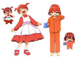 Rule 34 | 1girl, arc the lad, barefoot, bow, brushing teeth, chibi, choko (arc the lad), dress, full body, happy, looking at viewer, ooo, open mouth, pajamas, red eyes, red hair, redrawn, shoes, short hair, short twintails, simple background, skirt, smile, socks, solo, twintails, white background