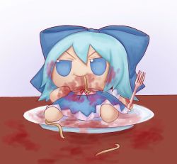 Rule 34 | 1girl, blue dress, blue eyes, blue hair, cirno, dress, eating, eyebrows hidden by hair, food, fork, fumo (doll), hair between eyes, holding, holding fork, pasta, short hair, simple background, skullchimes, solo, spaghetti, touhou, v-shaped eyebrows, white background