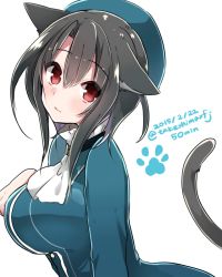 Rule 34 | 10s, 1girl, 2015, animal ears, beret, black hair, blush, breasts, cat ears, cat girl, dated, female focus, hat, highres, kantai collection, large breasts, military, military uniform, red eyes, short hair, simple background, solo, tail, takao (kancolle), takeshima eku, twitter username, uniform, white background
