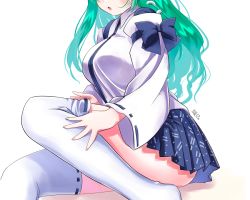 Rule 34 | 1girl, artist name, blue bow, blue ribbon, blue skirt, blush, bow, breasts, dated, detached sleeves, from side, green hair, hair ornament, head out of frame, kochiya sanae, large breasts, long hair, long sleeves, open mouth, ribbon, ribbon-trimmed legwear, ribbon-trimmed sleeves, ribbon trim, sidelocks, sitting, skirt, snake hair ornament, solo, thighhighs, touhou, white background, white thighhighs, wide sleeves, yamaguchi yuu
