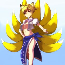 Rule 34 | 1girl, adapted costume, alternate hairstyle, animal ears, bad id, bad pixiv id, blonde hair, blue skirt, fox ears, fox tail, hair up, hand on own hip, highres, impossible clothes, looking at viewer, midriff, multiple tails, nanahi toshi, navel, no bra, open clothes, open shirt, orange eyes, ponytail, puffy short sleeves, puffy sleeves, shirt, short sleeves, side slit, skirt, skirt set, smile, sweat, tail, touhou, wide hips, yakumo ran