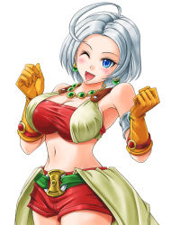 Rule 34 | 1girl, :d, ahoge, armlet, blue eyes, blush, breasts, cleavage, dragon quest, dragon quest x, earrings, female focus, gloves, jewelry, large breasts, looking at viewer, midriff, necklace, one eye closed, open mouth, red shorts, riin (dq), riin (dq10), shimusu, short hair, short shorts, shorts, silver hair, smile, solo, white background, xietong win