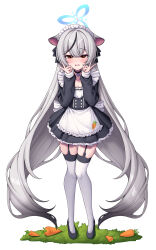 Rule 34 | 1girl, absurdres, animal ears, black choker, black dress, black footwear, black hair, blue archive, blue halo, blush, carrot, choker, collarbone, double v, dress, food, frilled dress, frills, garter straps, grey hair, halo, highres, kokona (blue archive), long hair, long sleeves, looking at viewer, metaljelly, multicolored hair, open mouth, orange eyes, shoes, simple background, solo, standing, streaked hair, thighhighs, tiger ears, v, vegetable, white background, white thighhighs