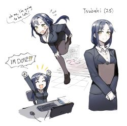 1girl, :d, age, bangs, black jacket, blue hair, blush, breasts, brown footwear, brown legwear, business suit, buttoniris, chair, character name, clipboard, collared shirt, commentary, d:, english commentary, english text, flying sweatdrops, formal, green eyes, hands up, highres, holding, holding clipboard, jacket, keyboard (computer), large breasts, long hair, looking at viewer, low-tied long hair, miniskirt, mole, mole under mouth, monitor, mouse (computer), multiple views, notice lines, office chair, open mouth, original, pantyhose, parted bangs, ponytail, running, shirt, shoes, skirt, slippers, smile, suit, v arms, white shirt, wing collar