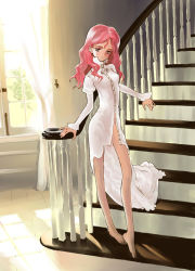 Rule 34 | 1girl, barefoot, bottomless, curtains, dress, long hair, no panties, non-web source, pink hair, purple hair, railing, solo, stairs, thighs