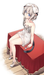 Rule 34 | 10s, 1girl, alcohol, animal ears, bare legs, bare shoulders, blade &amp; soul, blue eyes, blush, bow, brown hair, cat ears, cat girl, cat tail, cocktail dress, collarbone, dress, female focus, flat chest, flower, full body, hair bow, looking at viewer, looking up, lyn (blade &amp; soul), open mouth, ribbon, rose, sake, shoes, short hair, silver hair, simple background, sitting, solo, tail, tama (tamatamo), tiptoes, white background, white dress