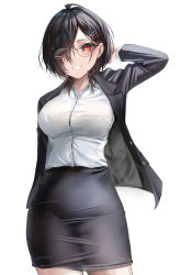 Rule 34 | 1girl, absurdres, arm at side, black hair, black jacket, black skirt, breasts, cowboy shot, glasses, grin, hair behind ear, hair ornament, hair over one eye, hairclip, highres, jacket, large breasts, long hair, long sleeves, medium hair, open clothes, open jacket, original, red eyes, shirt, simple background, skirt, smile, solo, standing, white background, white shirt, yufou