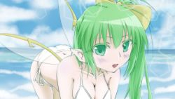 Rule 34 | 1girl, :d, alternate costume, bikini, blush, bow, breasts, cleavage, cloud, collarbone, colored eyelashes, commentary request, daiyousei, day, extrawine, eyelashes, fairy wings, green hair, hair bow, highres, large breasts, leaning forward, open mouth, pointy ears, short hair, side-tie bikini bottom, side ponytail, sky, smile, solo, swimsuit, touhou, water, white bikini, wings