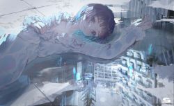 Rule 34 | 1girl, arm up, black hair, blue eyes, building, city, closed mouth, dress, eyelashes, hand on own chest, highres, light blush, light reflection (water), long sleeves, looking down, lying, moon, moonlight, on side, original, reflection, short hair, sinsekai city, solo, toy block, virtual youtuber, water, white dress