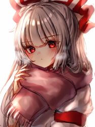 Rule 34 | 1girl, blouse, blush, bow, closed mouth, commentary request, eyes visible through hair, fujiwara no mokou, grey bow, grey hair, grey shirt, hair between eyes, hair bow, hand up, highres, juliet sleeves, long hair, long sleeves, looking at viewer, multicolored bow, one-hour drawing challenge, pink scarf, puffy long sleeves, puffy sleeves, red bow, red eyes, scarf, shirt, simple background, solo, steam, touhou, upper body, waramori fuzuka, white background