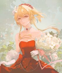 Rule 34 | 1girl, absurdres, bare shoulders, blonde hair, bouquet, bow, breasts, choker, cleavage, collarbone, cowboy shot, dress, dress bow, feather hair ornament, feathers, floating hair, floral background, flower, genshin impact, gown, hair flower, hair ornament, headdress, highres, holding, holding bouquet, leaf, looking at viewer, lumine (genshin impact), mizukizhu, pearl choker, red bow, red dress, short hair with long locks, skirt hold, small breasts, smile, solo, strapless, strapless dress, white choker, white flower, yellow eyes