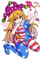 Rule 34 | 1girl, :o, american flag dress, american flag legwear, american flag shirt, blonde hair, breasts, clownpiece, fairy wings, finger to mouth, full body, hat, highres, ishimu, jester cap, long hair, looking at viewer, medium breasts, neck ruff, one-hour drawing challenge, pantyhose, polka dot, print pantyhose, red eyes, short sleeves, sitting, solo, star (symbol), striped clothes, striped pantyhose, torch, touhou, very long hair, wariza, wings