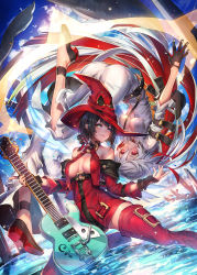 Rule 34 | 2girls, ass, bare shoulders, black hair, blonde hair, breasts, cleavage, guilty gear, guitar, hat, i-no, instrument, jack-o&#039; valentine, mole, multiple girls, oro (sumakaita), red hair, red hat, short hair, thighs, upside-down, water