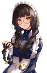 Rule 34 | 1girl, absurdres, apron, black hair, blue dress, blunt bangs, blush, braid, commentary request, dress, facing viewer, glasses, hand up, highres, holding, holding own hair, long hair, looking ahead, maid apron, maid headdress, nagori0127, open mouth, original, round eyewear, simple background, solo, twin braids, twintails, upper body, white apron, white background, yellow eyes, yellow nails
