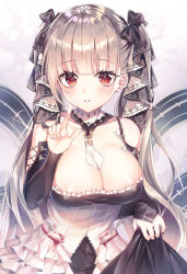 Rule 34 | 1girl, azur lane, bad id, bad pixiv id, bare shoulders, black dress, bow, breasts, cleavage, clothes lift, collarbone, commentary request, detached collar, dress, dress lift, formidable (azur lane), frilled dress, frills, glint, grey hair, hair bow, hand up, hinaki (hinaki 0102), index finger raised, large breasts, long hair, long sleeves, looking at viewer, parted lips, red eyes, solo, twintails