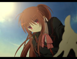 Rule 34 | 1girl, ari (ariburo), bad id, bad pixiv id, bow, brown hair, foreshortening, letterboxed, little busters!, long hair, natsume rin, pink bow, ponytail, red eyes, school uniform, solo