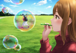 Rule 34 | 2girls, :d, backpack, bad id, bad pixiv id, bag, blue hair, blue sky, blunt bangs, blush, brown eyes, brown hair, day, field, full body, grass, holding, kunikida hanamaru, long hair, long skirt, long sleeves, looking at viewer, love live!, love live! sunshine!!, multiple girls, open mouth, outdoors, outstretched arms, papi (papiron100), profile, red footwear, red sweater, shoes, signature, skirt, sky, smile, sweater, tareme, tsushima yoshiko, turtleneck, turtleneck sweater, upper body, white skirt