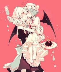 Rule 34 | 2girls, apron, ascot, barefoot, bat wings, black dress, blue hair, braid, cake, carrying, champagne flute, cup, dress, drinking glass, eye contact, food, gloves, hat, izayoi sakuya, juliet sleeves, kirero, long sleeves, looking at another, maid, maid apron, maid headdress, mob cap, multiple girls, open mouth, pointy ears, princess carry, puffy short sleeves, puffy sleeves, red eyes, remilia scarlet, short sleeves, silver hair, smile, touhou, tray, twin braids, white dress, white gloves, wings, yuri